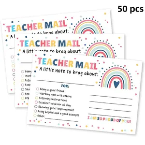 Rainbow Pattern Teacher Mail Card, 50pcs/pack Teacher Encouragement Card, Positive Behavior Encouragement Note for Students, School Classroom Reward Card, Greeting Card