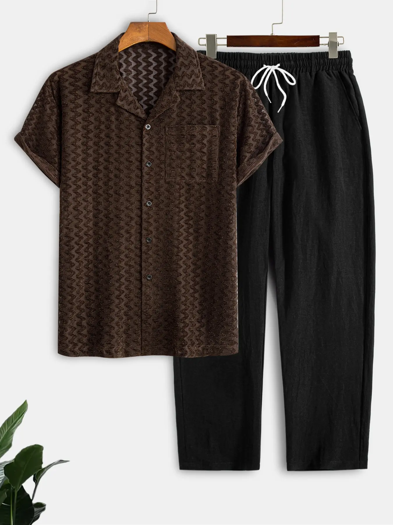 Men's Knit Jacquard Short Sleeve Shirt & Lyocell Linen Blend Casual Pants Set, 2 Piece Breathable Summer Clothes for Beach Daily Vacation Resort Wear Set