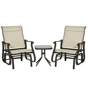 Outsunny 3-Piece Outdoor Gliders Set Bistro Set with Steel Frame, Tempered Glass Top Table for Patio, Garden, Backyard, Lawn, Light Mixed Brown