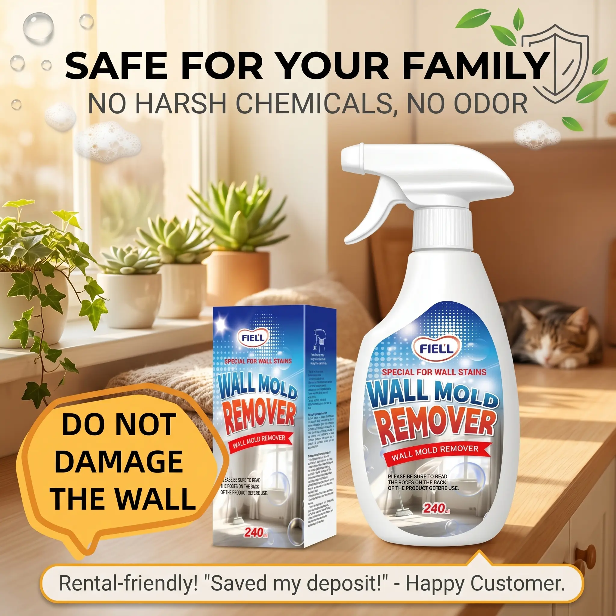 Wall Mold Remover Spray - No Wall Damage, Plant-Based Formula, Whole House Use