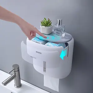 Wall-Mounted Toilet Paper Holder with Shelf - No-Drill Adhesive Bathroom Tissue Dispenser, Space-Saving Modern Minimalist Design, Durable Plastic Construction, Hygienic Push-Button Access & Sleek White Finish for Bathroom Organization, Toil