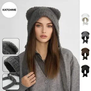 KatchMe Women's Lovely Solid Color Soft Knit Beanie, Winter No-Brim Lightweight Earflap Hat, Cozy Fluffy Bear Ears Crochet Accessory for Ladies