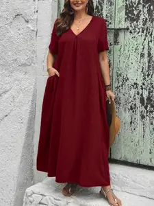 Summer New Plus Size Women's Casual Wear V Neck Short Sleeve a Line Long Dress, Textured Pleated Loose Fit Slimming, Pocket Holiday Style