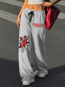 Stranger Things-Women's Demogorgon Print Loose Wide Leg Pants, Casual All Season Wear, Comfortable Daily, Versatile Long Trousers