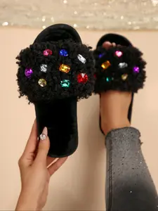 Women's New Faux Fur Home Slippers, Fashionable Design with Colorful Rhinestones, Soft Plush, One-Piece Easy Wear, Fall & Winter Comfort, Footwear