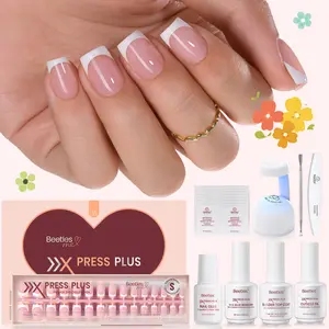 Beetles X Press Plus On Nails Kit - 150Pcs Short Square French Tip Press On Nails with Nail Glue, Remover, Builder Top Coat & Mini Nail Lamp for DIY Fake Nails Gift