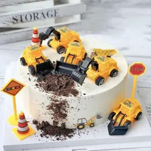 Construction Vehicle Cake Decoration Set, Ornaments, Excavator Bulldozer Roadblock Sign Toy, Construction Theme Party Supplies for Kids Birthday Parties