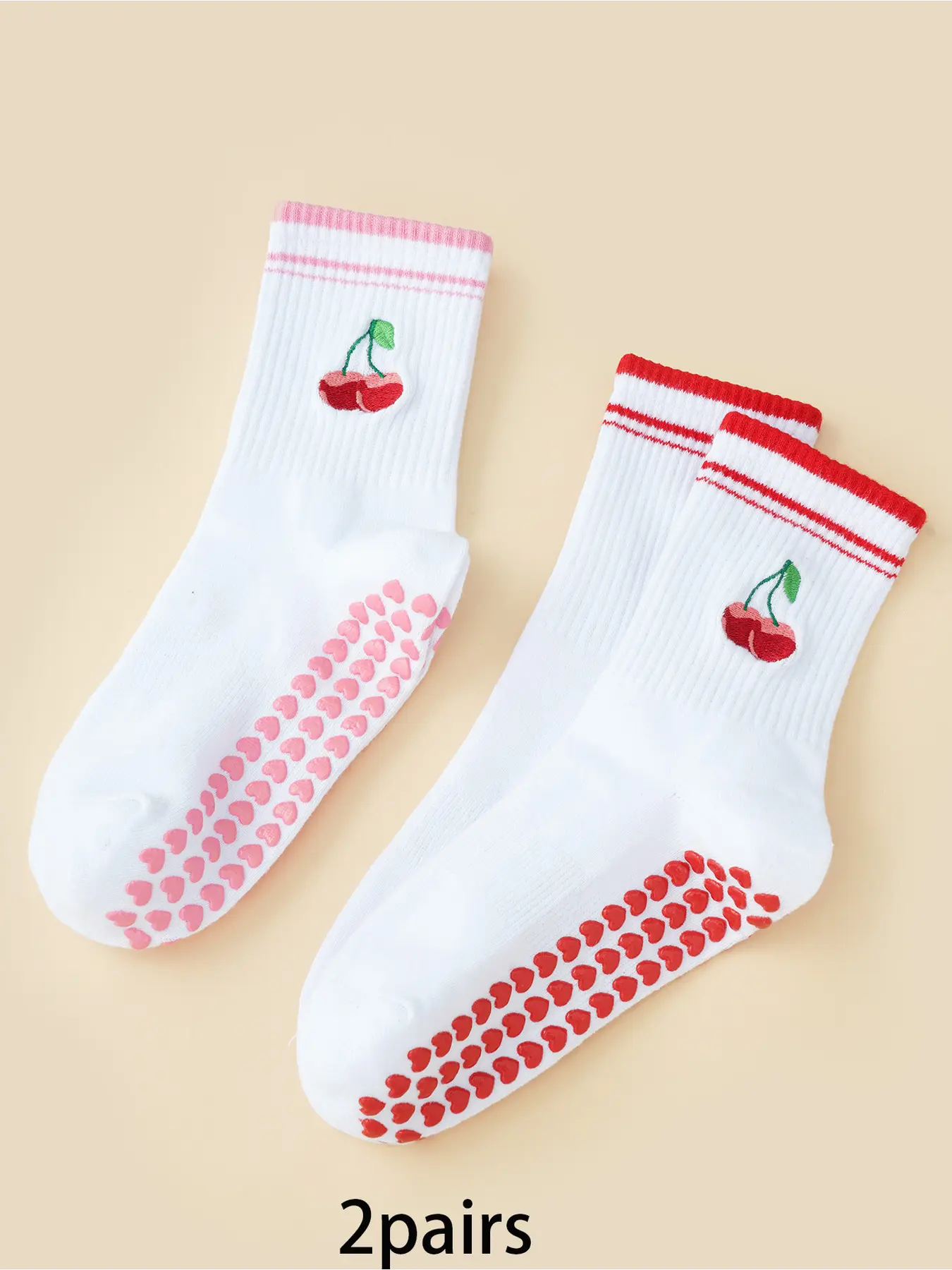 2 pairs Fashion Cherry Embroidered Yoga Socks with Silicone Bottom for Anti-Slip Home Workouts, Suitable for Women's Daily Use and Cute Pilates Grip Socks, Grip Sports Socks, Gripsocks
