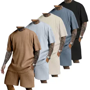 5 Sets - Men's Jacquard Comfort Outfit, Summer Casual Short Sleeve T-Shirt & Shorts Set, Loose Fit Streetwear Apparel
