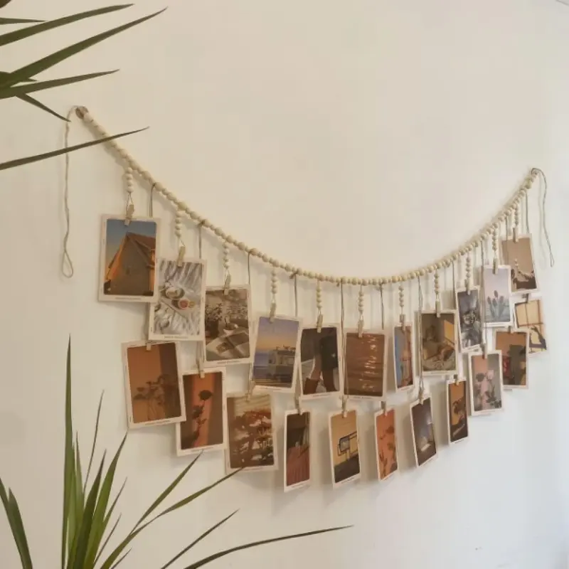 Nordic Style Hanging Photo Display Rack, Decorative Wooden Bead Picture Clips Set with 22 Clamps, Artistic Home Decor, Home Decor Accessory, Wall Decor, Decoration, Room, Interior Decoration Accessories