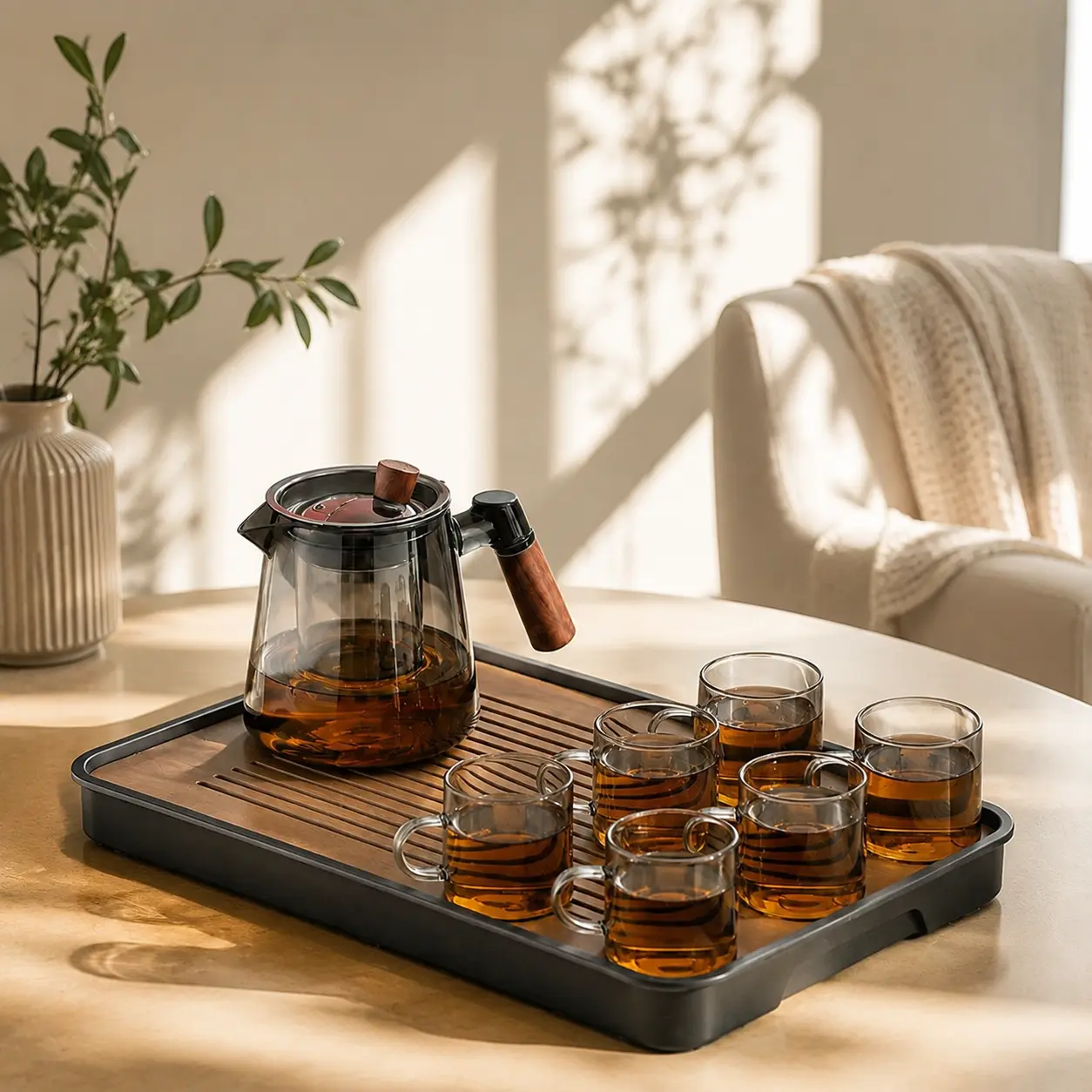 teapot set 600ml Large Capacity Glass Teapot Tea-Water Separation High Temperature Resistant  Office Home Tea Set with 6 Cups & Bamboo Cup Holder Transparent black glass tea pot  flower teapot Scented tea glass pot  Fruit tea glass teapot