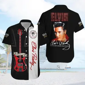 El.Presley Hawaiian Shirt, Rock n Roll Guitar Button Shirt, Elvis Signature Aloha Shirt, King of Rock Music Gift, Mens Summer Shirt