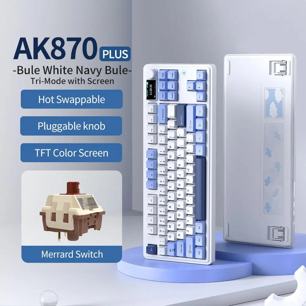 AJAZZ AK870 PLUS 87-Key Gasket-Mounted Gaming Keyboard, Durable Multi-Device Mechanical Keyboard with Hot Swap, Screen, Knob, BT5.0/2.4GHz/USB-C, 5-Layer Padding for Win/Mac, Wireless Keyboards