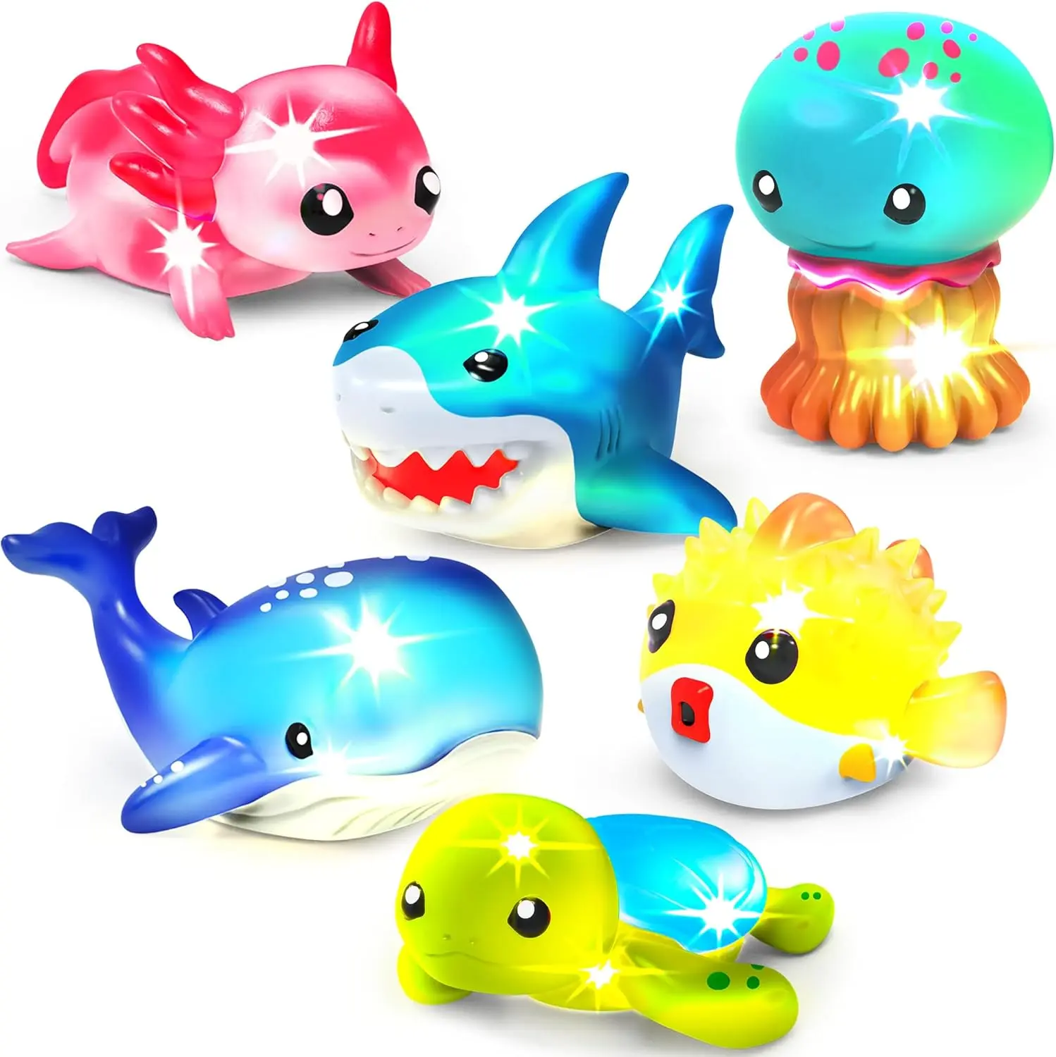 Tub Works Under the Sea 6-Pack LED Light-Up Bathtoy for Unisex Infants, PVC Water-Activated Flashing Color-Changing Sensory Toys with Easy-Grip Design
