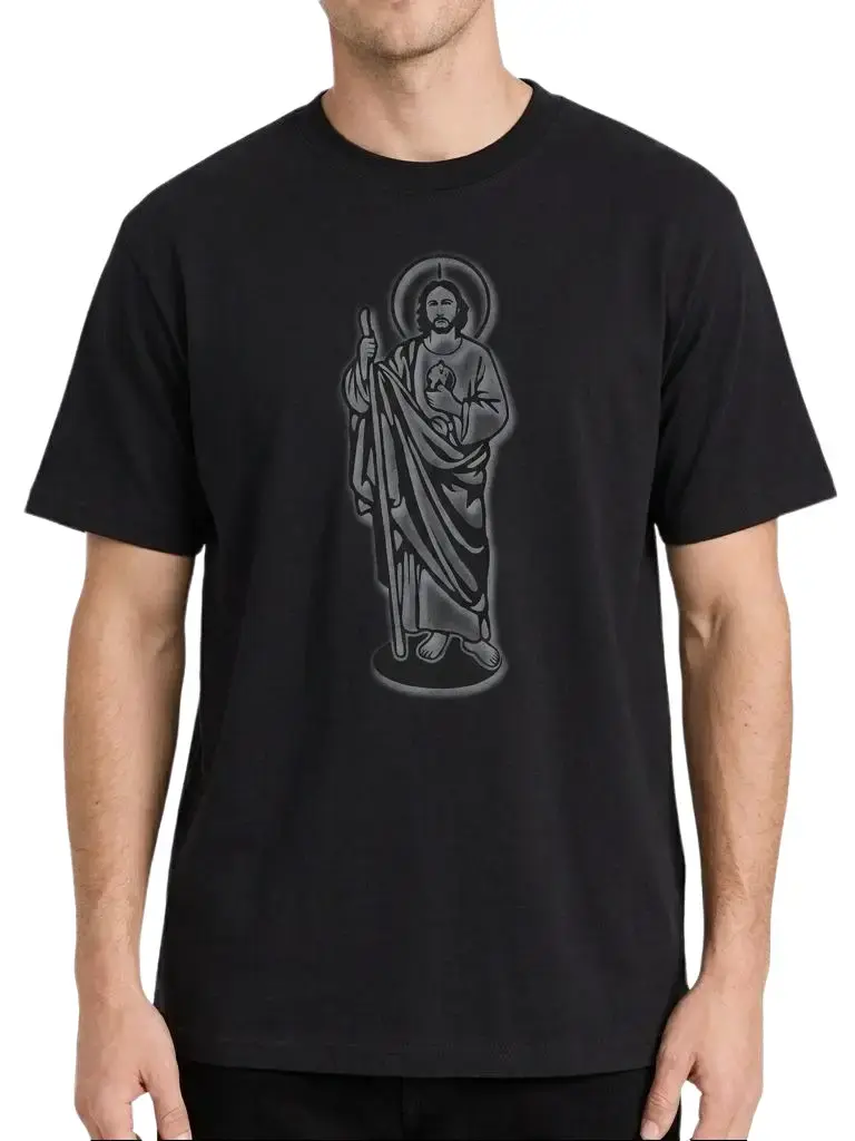 Local Store, T-shirts for men, Men's Shirts, Clothing for Men, T-shirts for men, White and black T-shirt featuring the image of Saint Judas Tadeo (180g), Religious Printing Design, High-Quality Printing, Cuello Redondo, Relaxed Setting Menswear Tshirt