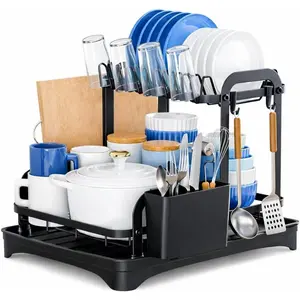 Dish Drying Rack, 2-Tier Large Capacity Kitchen Countertop Dish Rack, Metal Dish Rack with Utensil Holder, Cup Holder & Plate Organizer, Black