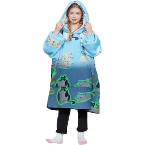 Kids’ glow-in-the-dark blanket hoodie, oversized wearable fleece blanket sweatshirt with cat print and large front pocket, gift for teen boys and girls
