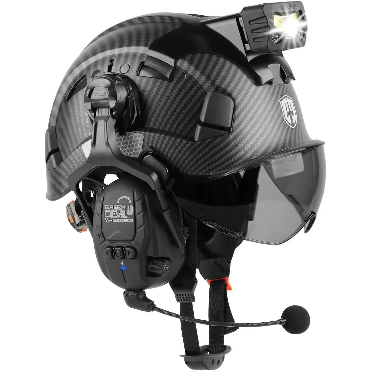7-in-1 Vented Work Hardhat with Integrated Visor, Bluetooth Ear Muffs, Headlamp, Debris Guard, 1000mAh Battery - Scaffolding Gear, Waterproof Bag, Hands-Free Call, 53-63cm, 14x11x7 Inches, 2.4 lbs