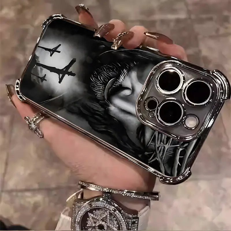 Dark Gothic Retro Style Design Jesus pattern Suitable for Aesthetic Electroplated TPU Casing For iphone 17 16 15 14 13 12 11 PRO PLUS MAX AIR Samsung S26 Four Corners Anti-Fall Transparent Casual Soft Silicone Phone Cases  L1582