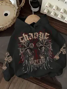 Women's street style, Womenswear, casual, versatile, dark, gothic, Graphic, cross-stitch print hooded sweatshirt with fleece lining, Perfect for keeping warm in autumn and winter, Suitable for gothic enthusiasts, everyday wear