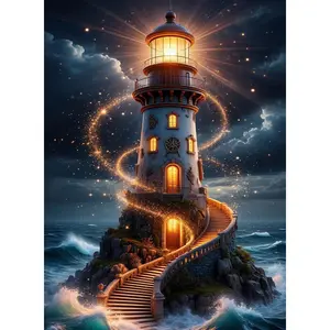 Lighthouse 5D Diamond Painting Kits DIY Round Lighthouse Landscape Theme Diamond Kits for Beginners Full Drill Mosaic Art for Adults Home Wall Decor