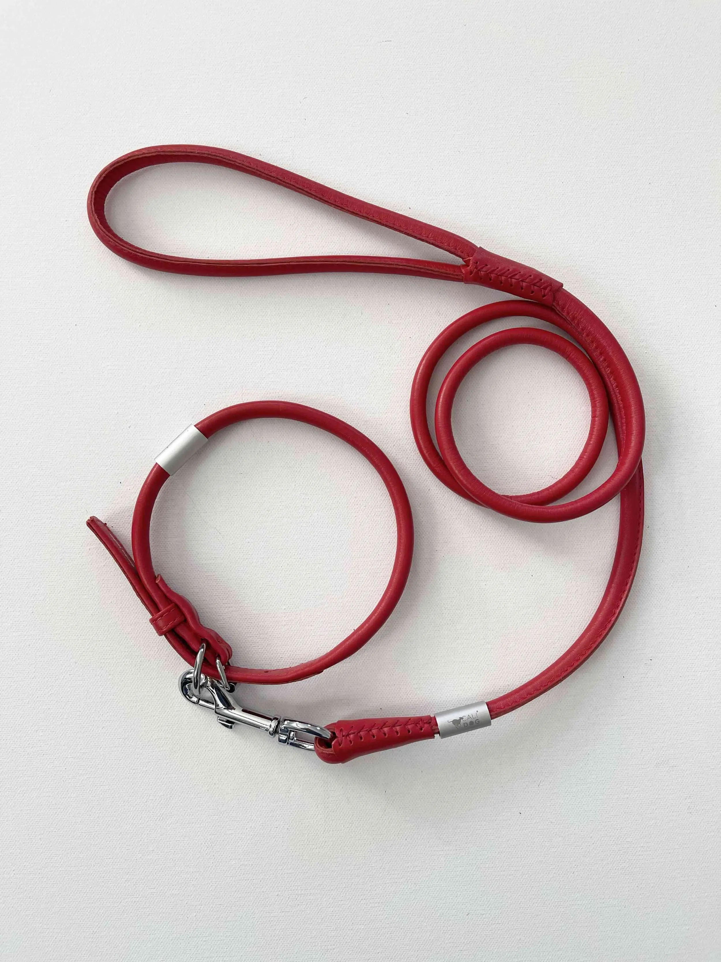 CALIDOG Luxury Red Rolled Leather Dog Collar and Leash Set with Stainless Steel Hardware