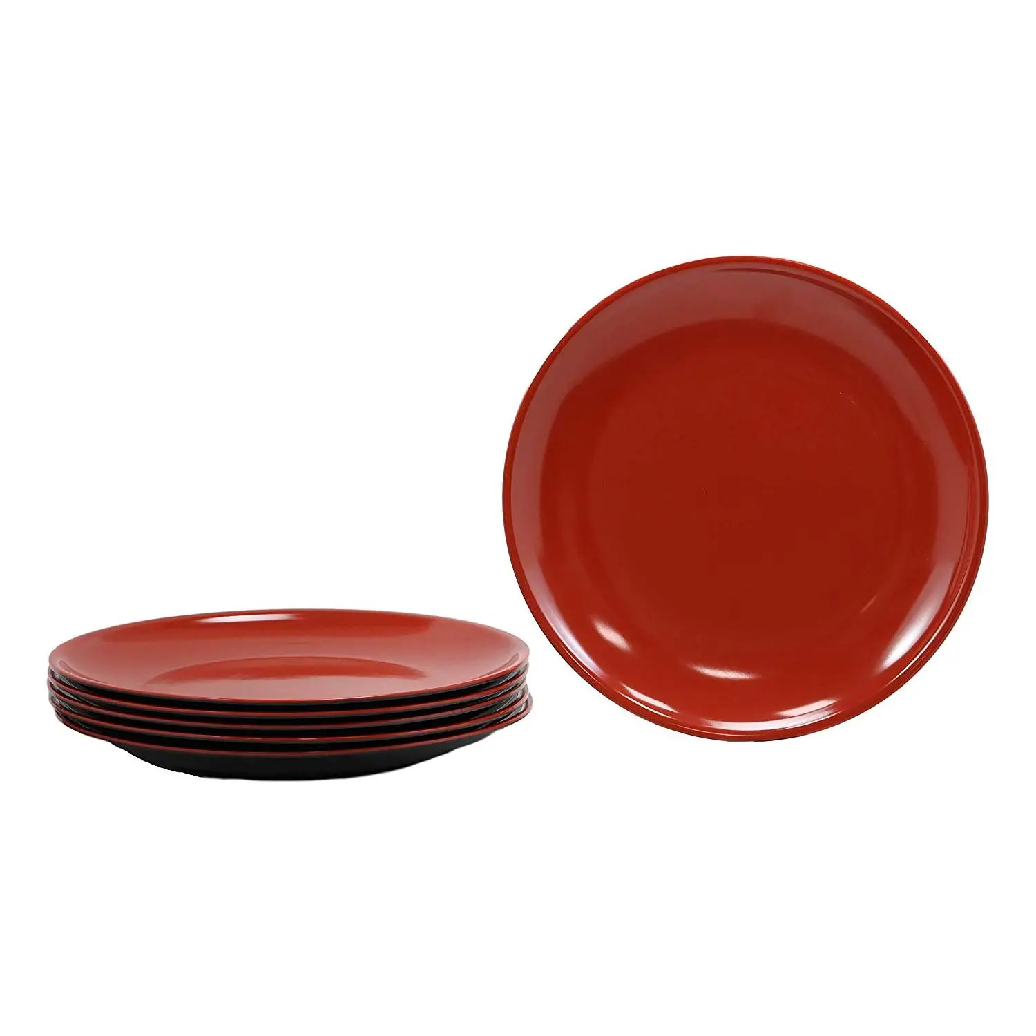 Ebros Contemporary Round 11.5"D Red Black Large Melamine Dinner Plate Set of 6 Plates
