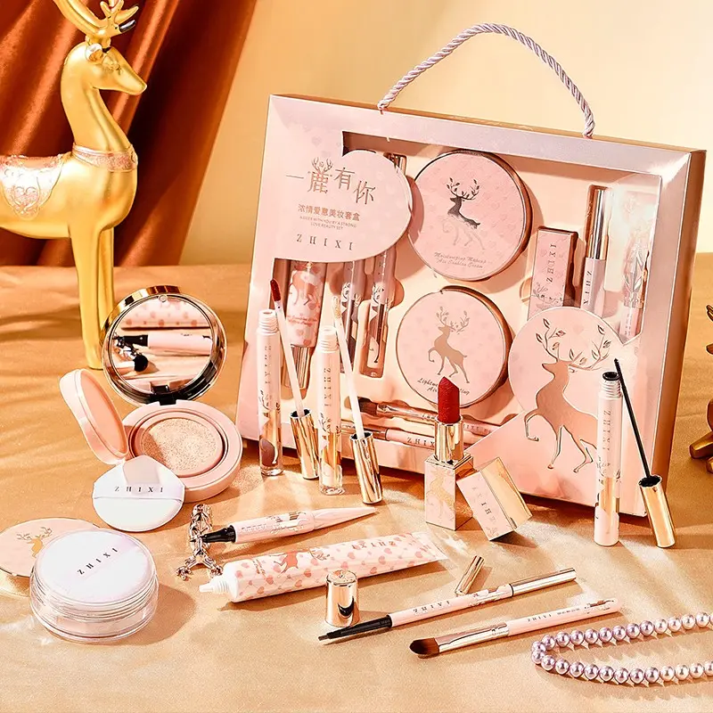 10-piece set of Yilu has you beauty kit, Cosmetic gift set, Makeup Gift Sets, including air cushion cream, powder, cream, lipstick, lip glaze, eyeliner, mascara, eyebrow pencil, concealer and makeup brush