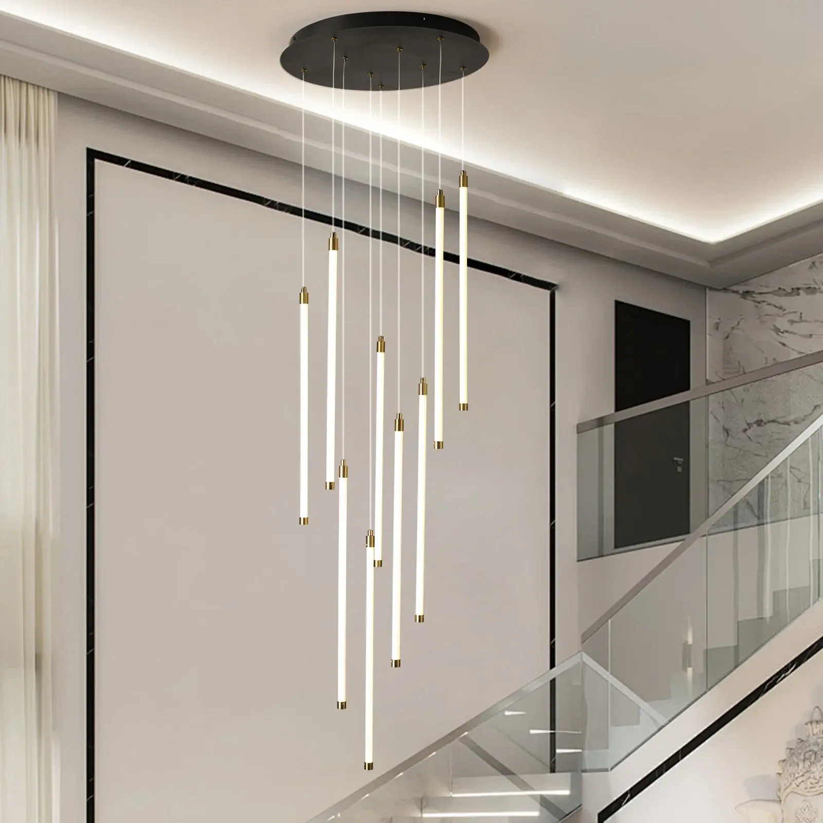 Garwarm Modern 9-Light LED High Ceiling Chandelier with Remote Control, Dimmable Interior Home Lamp for Foyer, Staircase, Living Room (Stylish Design for High Ceiling Spaces)