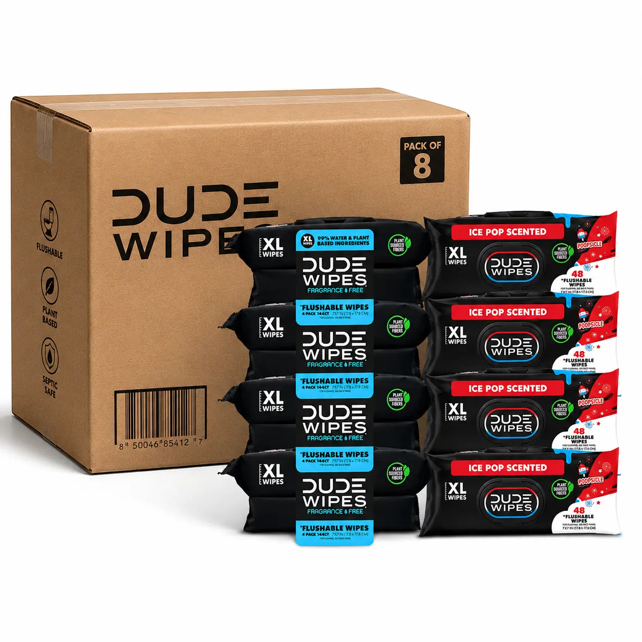 DUDE XL Flushable Wipes, POOPsicle Ice Pop Scented, 8 Pack, Total 392 Count