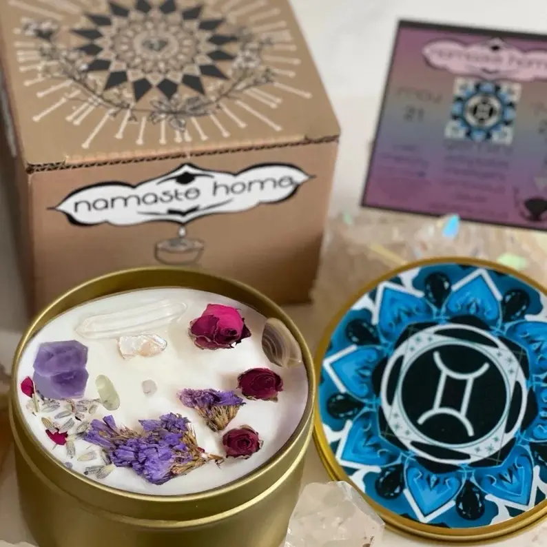 Gemini Crystal Candle with Rose Petals and Lavender - Handmade Zodiac Candle for Astrology Gift - Aroma, Decor xmas gift soy candle candle witchcraft candles