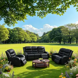 A Ainehome Classic Black Faux Synthetic Leather 3-Piece Couch Reclining Sofa Living Room Set for Home Comfort
