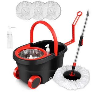 Spin Mop and Bucket with Wringer Set, 360° Rotating Head Mop Bucket System with 3 Microfiber Mop Refills Wet and Dry Suitable for Office and Home Use, Black