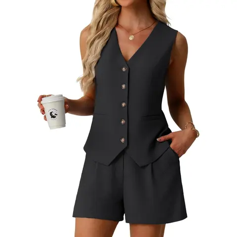 Lepunuo Women's Summer 2 Piece Outfits Sleeveless Button Down V Neck Vest Business Casual Outfits Vacation Travel Sets Gamis Fitted