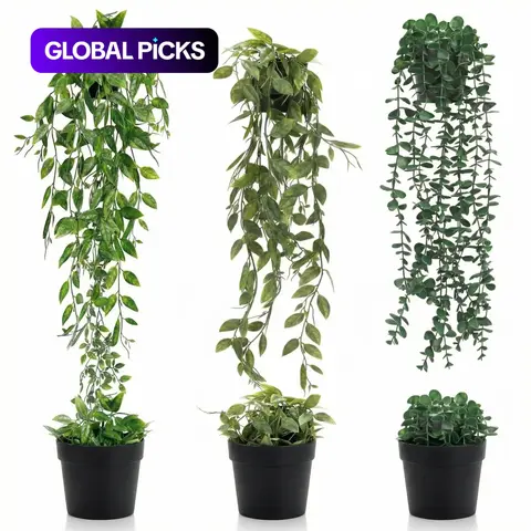 Fake Plants Artificial Indoor Hanging Eucalyptus Decor, Greenery Fake Plants, 3 Pots for Home Bathroom Cottage Room Shelf, Plastic Material #GLOBAL PICKS