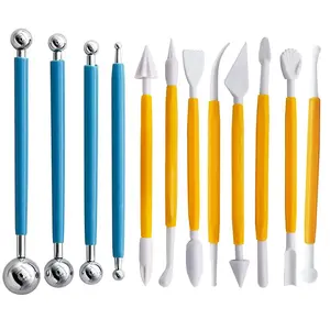12pcs Sugarcraft Cake Decorating Tools (including 4pcs Double-ended Metal Ball Shaped Tools + 8pcs Plastic Fondant Sculpting Tools) Cake Decorating Kit Cake Decorating Set
