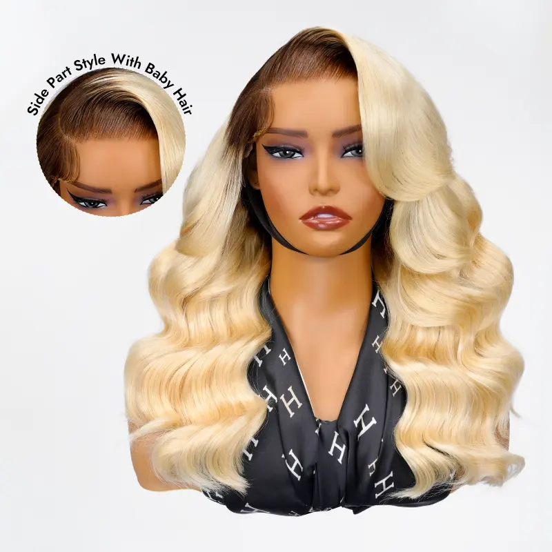 Wiggins Hair 220%Density 4/613 Ombre Blonde Stylist Side Part Wig Body Wave Pre Cut 6x8 Lace Closure  Ready To Go Wig  Pre-plucked Human Hair Glueless Wig