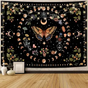 Yellow Butterfly Moon Flower Tapestry Plant Flowers Bohemian Tapestry Bedroom Aesthetics Retro Tapestry Living Room Dormitory Wall Hanging Tapestry Room Decor Wall Tapestries