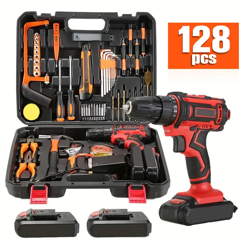128Pcs with 2 Battery Electric Drill Set, 36VF Cordless Power Drill Set, Household Tools Set, Cordless Impact Wrench, Hand Tool Set Kit, Cordless Electric Screwdriver Kit- Ratcheting Screwdriver Set, Cordless Drill And Easy to Use Valentines Day Gift