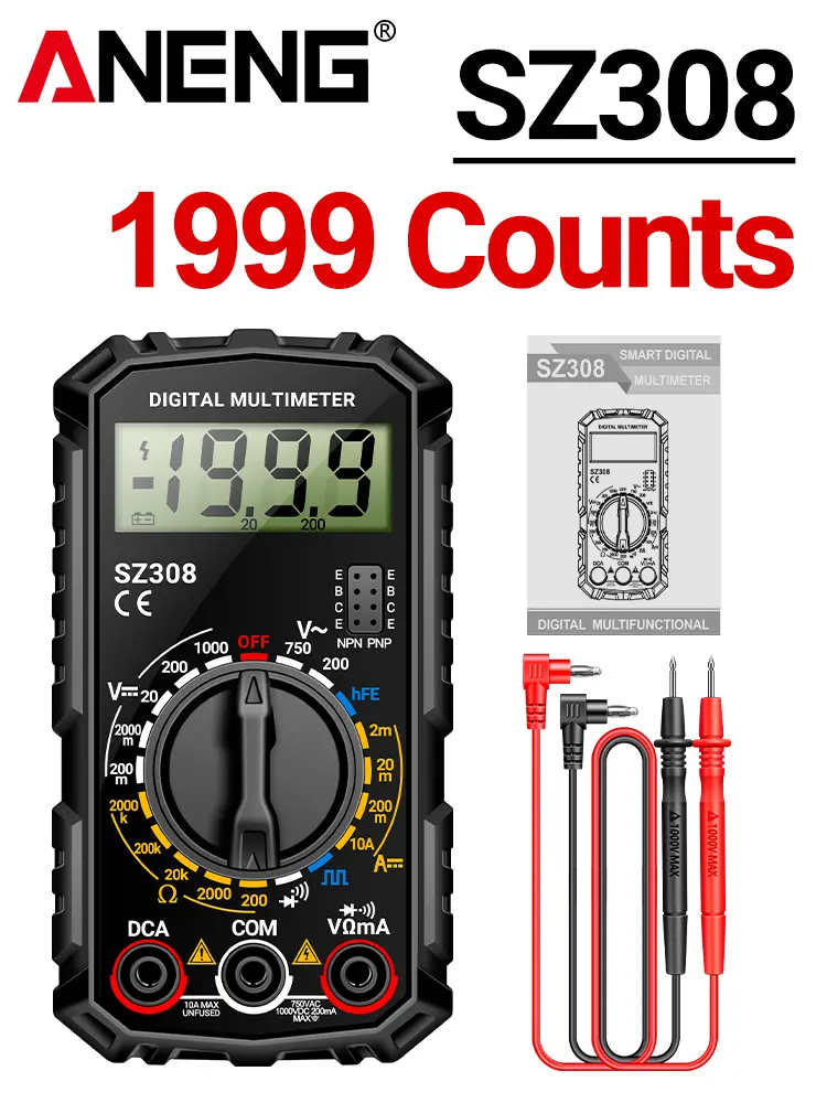 ANENG SZ308 multimeter, 1999 counts, with burnout and overload protection; capable of measuring AC/DC voltage, current, resistance, capacitance, diodes and temperature. An essential tool for electricians, car mechanics and DIY enthusiasts.