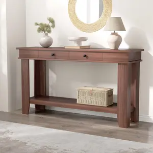 Garvee 54-Inch Rustic Farmhouse Console Table with Drawers and Open Storage Shelf, Wooden Rectangular Sofa Table for Entryway, Hallway, Living Room in Brown, Gray, or White Finish