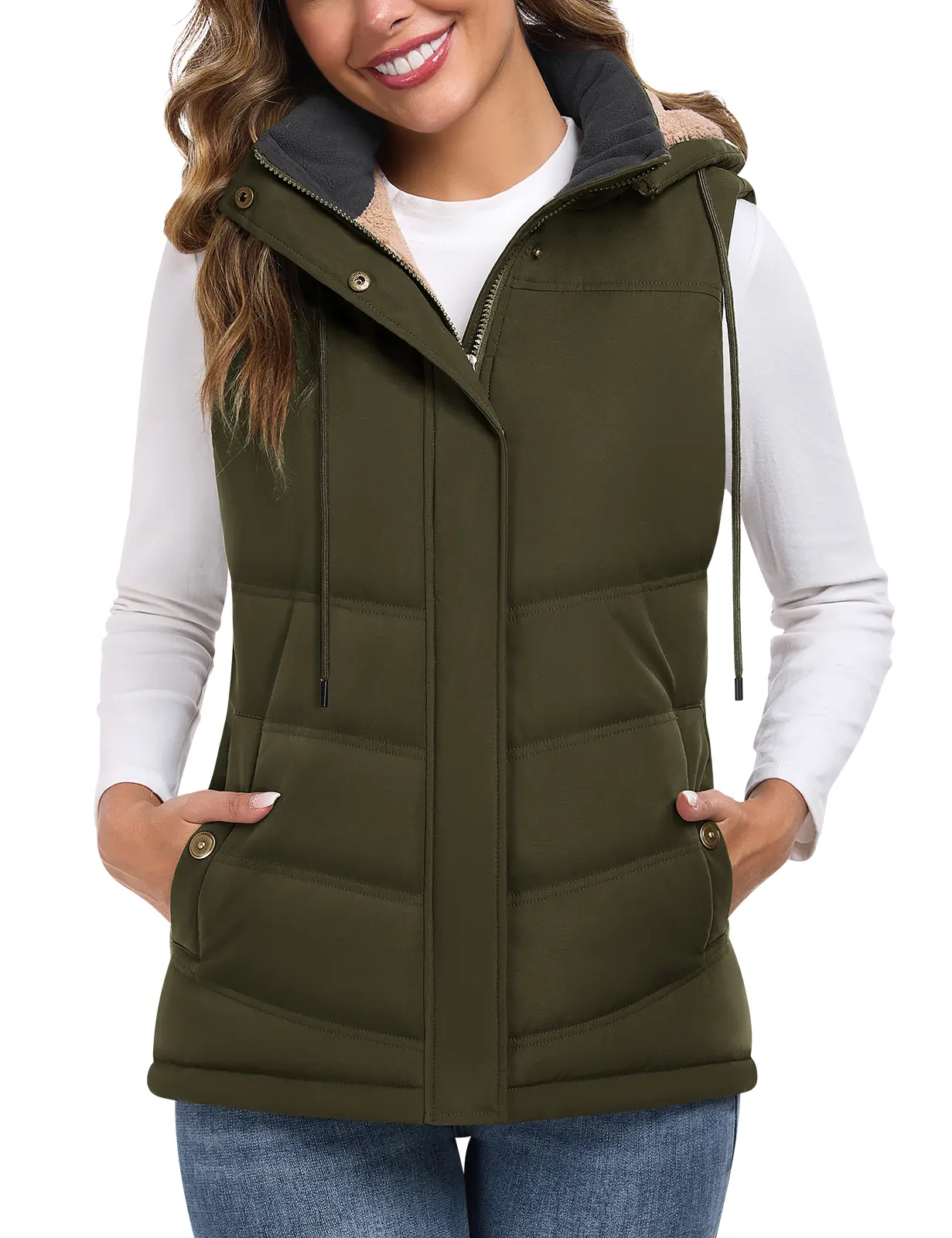 HEEKPEK Women's Sherpa Fleece Lined Polyester Puffer Vest - Minimalist Basic Casual Tops, Slim Fit Sleeveless Quilted Winter Outerwear with Removable Hood, Warm Lightweight Insulated Waistcoat Gilet, Fitted