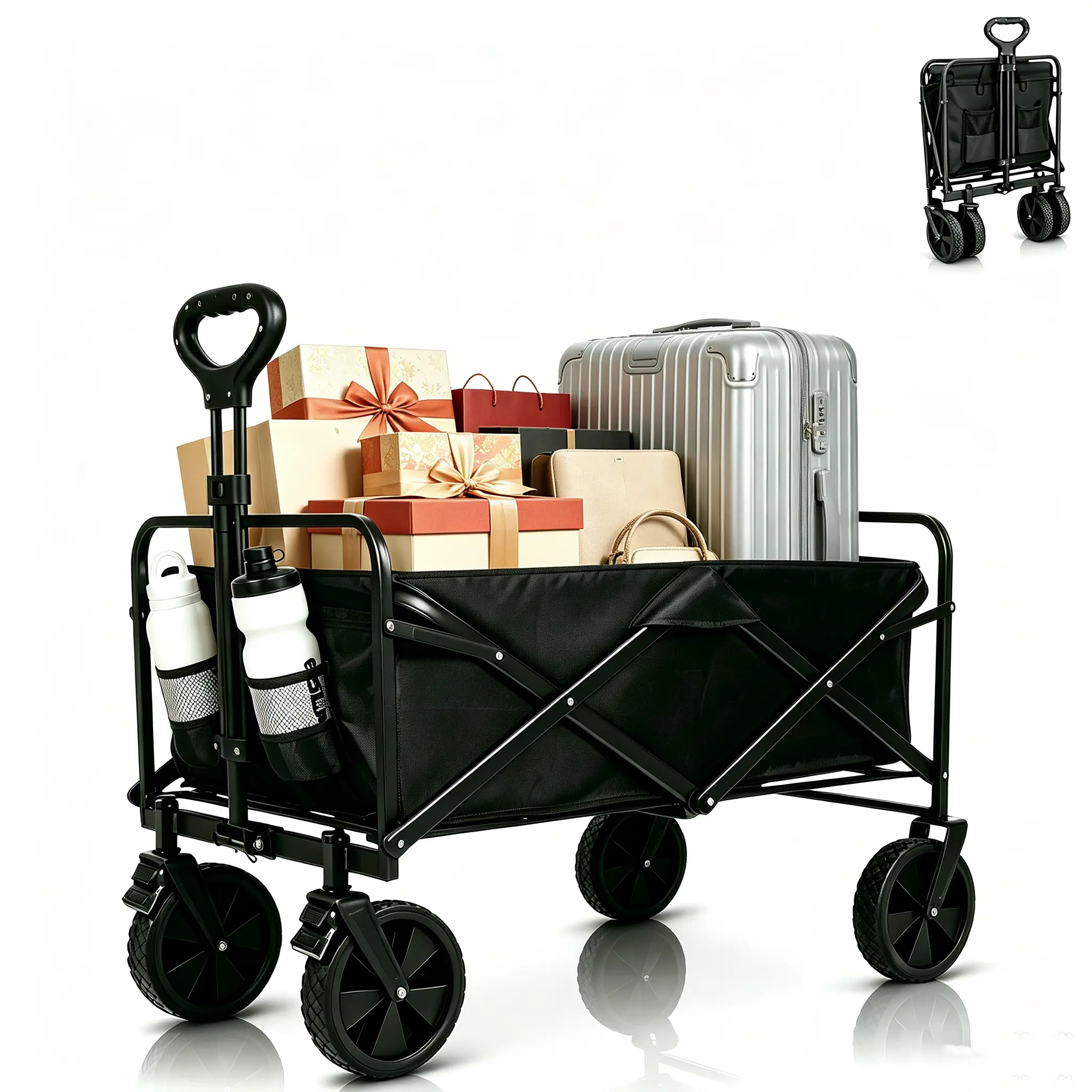 【SUMMERVIBES】Heavy Duty Collapsible Folding Wagon - 350-450LBS Capacity, Portable Folding Rolling Cart with Off-Road Wheels for Camping, Fishing, Garden Use, Beach Wagon Cart, Mesh