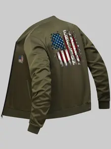 Men's American Flag Print Zip Up Bomber Jacket, Regular Fit Casual Long Sleeve Baseball Collar Outerwear for Fall & Winter, Men's Clothes for Daily Wear