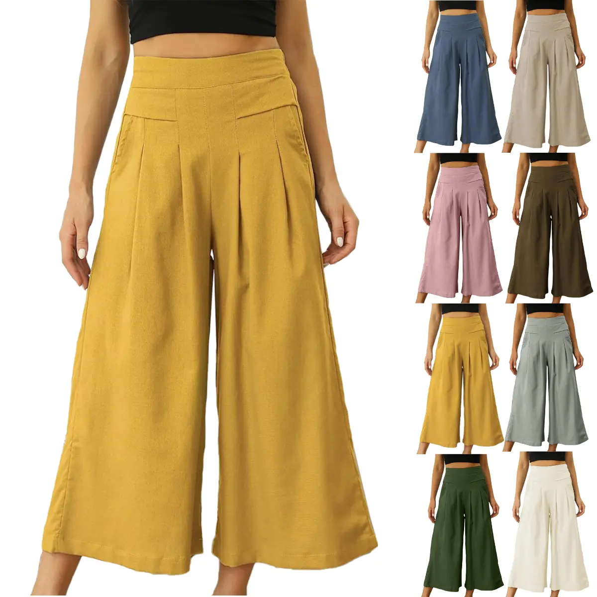 SCUSTY Women's Solid Color Cotton Linen Wide Leg Pants Elastic Waist Culottes Capri Trousers with Side Pockets SCUSTY Women's Solid Color Cotton Linen Wide Leg Pants Elastic Waist Culottes Capri Trousers with Side Pockets