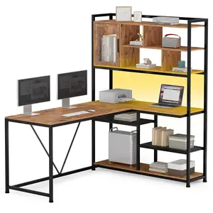 58 Inches L Shape Corner LED Gaming Desk Brown