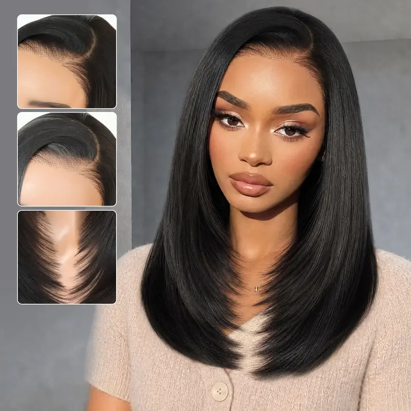 U&A Hair Synthetic 9x7 Glueless C-Part Layered Short Wig 14 Inch,Wear and Go Lace Front Straight Wig Pre Plucked Pre Cut Natural Hairline with Tiny Knots