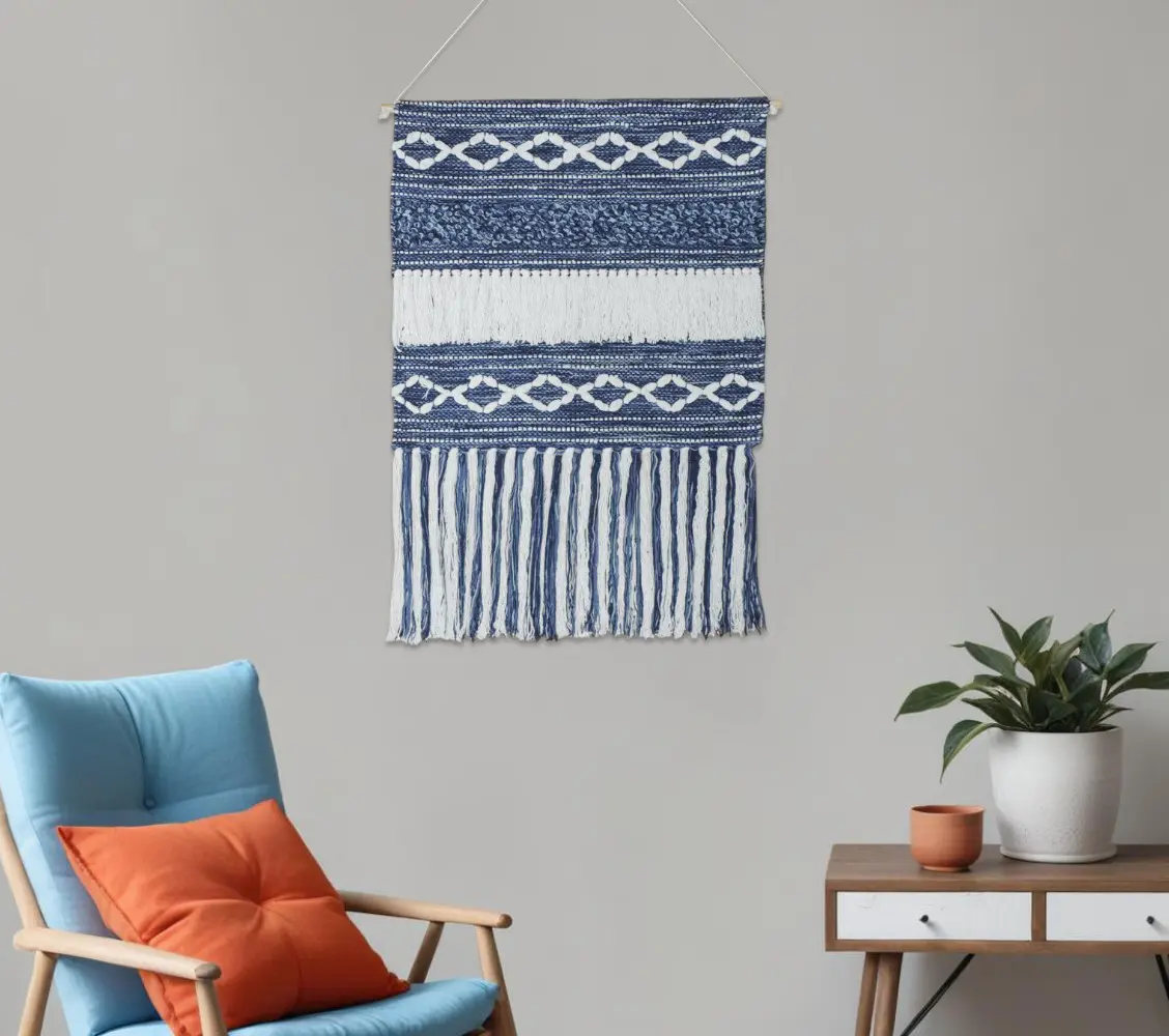 Bohemian Handmade 360-Stand Rectangle Denim Blue & White Geometric Cotton Macrame Hanging Wall Tapestry - 26x51in, Fringe & Rope Holder, 3D Boho Shabby Chic Tropical Home Decor, Macrame Fringe Accent for Room, Back to School Indoor Use