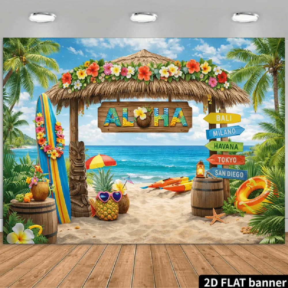 1PC 2D Flat Event Banner Backdrop, Hawaiian Tropical Beach Party Decor with Thatched Hut, Surfboard, Pineapple Elements, for Summer Festival & Birthday Events