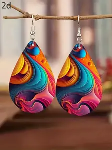 Women's Minimalist Abstract Mountain Drop Earrings, Lightweight Wooden Dangle Design, Ear Hook Design, Vibrant Colorful Art Tear Drop Style, Fashionable Earrings